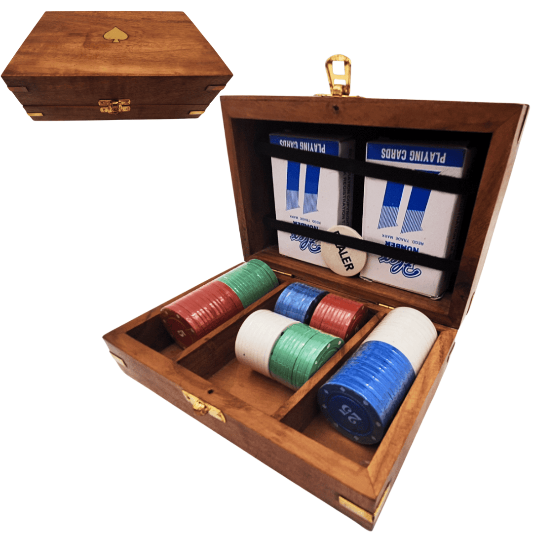 Set elegant de poker în cutie de lemn cu gravură