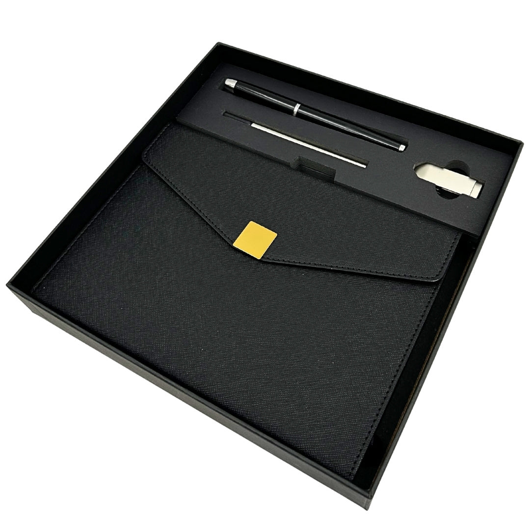Set cadou elegant Premium – agendă A5 cu pix și pendrive 16GB în cutie – negru-auriu – EE9