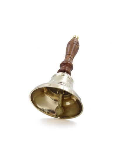 Dzwonek Ręczny Mosiężny z Drewnianą Rączką w Stylu Retro – Personalizowany Grawer, Idealny na Prezent – Wysokość 16 cm, Średnica 7,5 cm, Złoty i Brązowy
