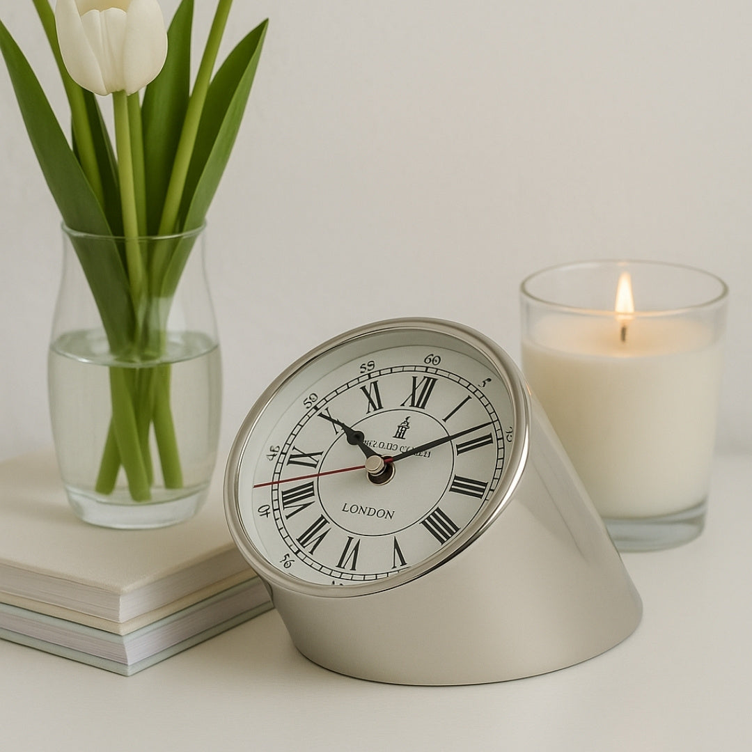 Ceas metalic de birou CLK-0212 cu gravură - cadou personalizat în culoare argintie, albă sau neagră, înălțime 19 cm, stil modern cu cifre romane și arabe