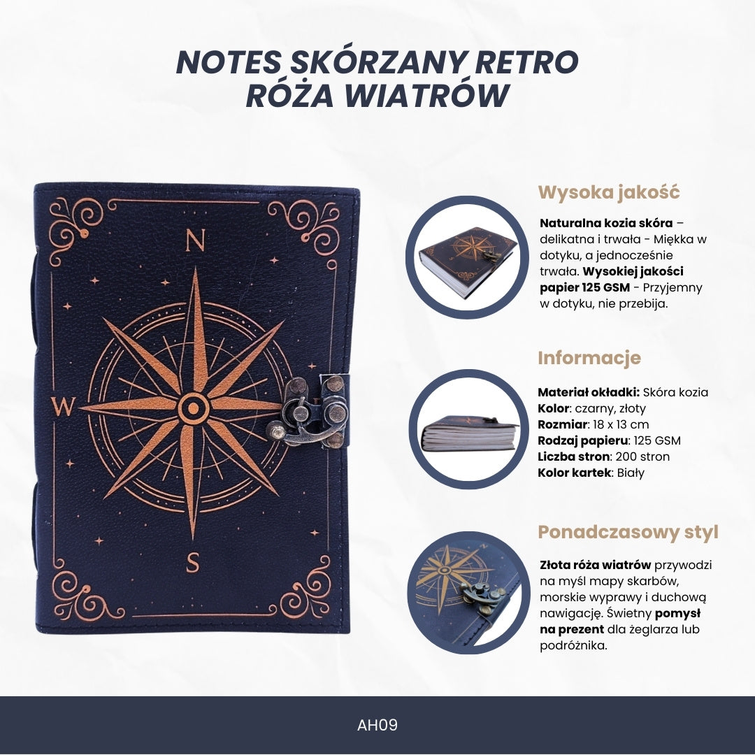Notes Skórzany Róża Wiatrów Retro Czarny Złoty z Personalizowanym Grawerem