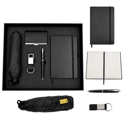 Set cadou elegant Classico cu personalizare - agendă A5 din piele, umbrelă, stilou, suport pentru cărți de vizită și breloc în cutie cadou estetică
