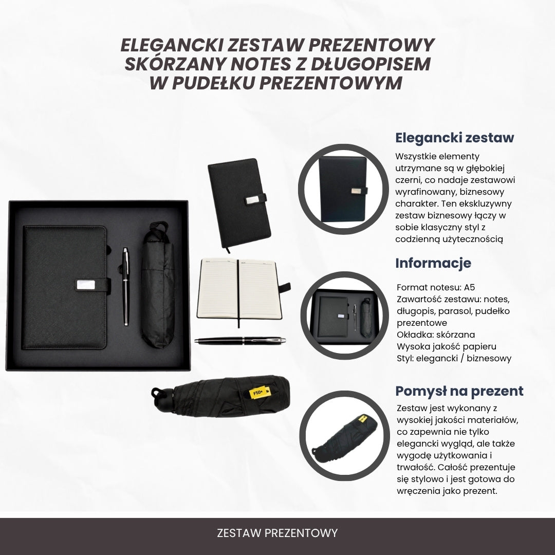Set cadou elegant - carnet din piele cu umbrelă și pix în cutie cadou - EE12