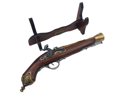 Replică de pistol cu capsă din secolul al XVIII-lea pe suport, cu posibilitate de personalizare prin gravură - Element decorativ elegant și cadou ideal pentru pasionații de istorie - Realizat din metal și lemn, lungime 38 cm