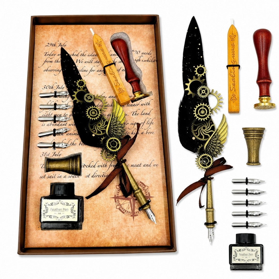 Set de caligrafie premium pană de gâscă - 6 penițe sigiliu suport pentru pană - EE16