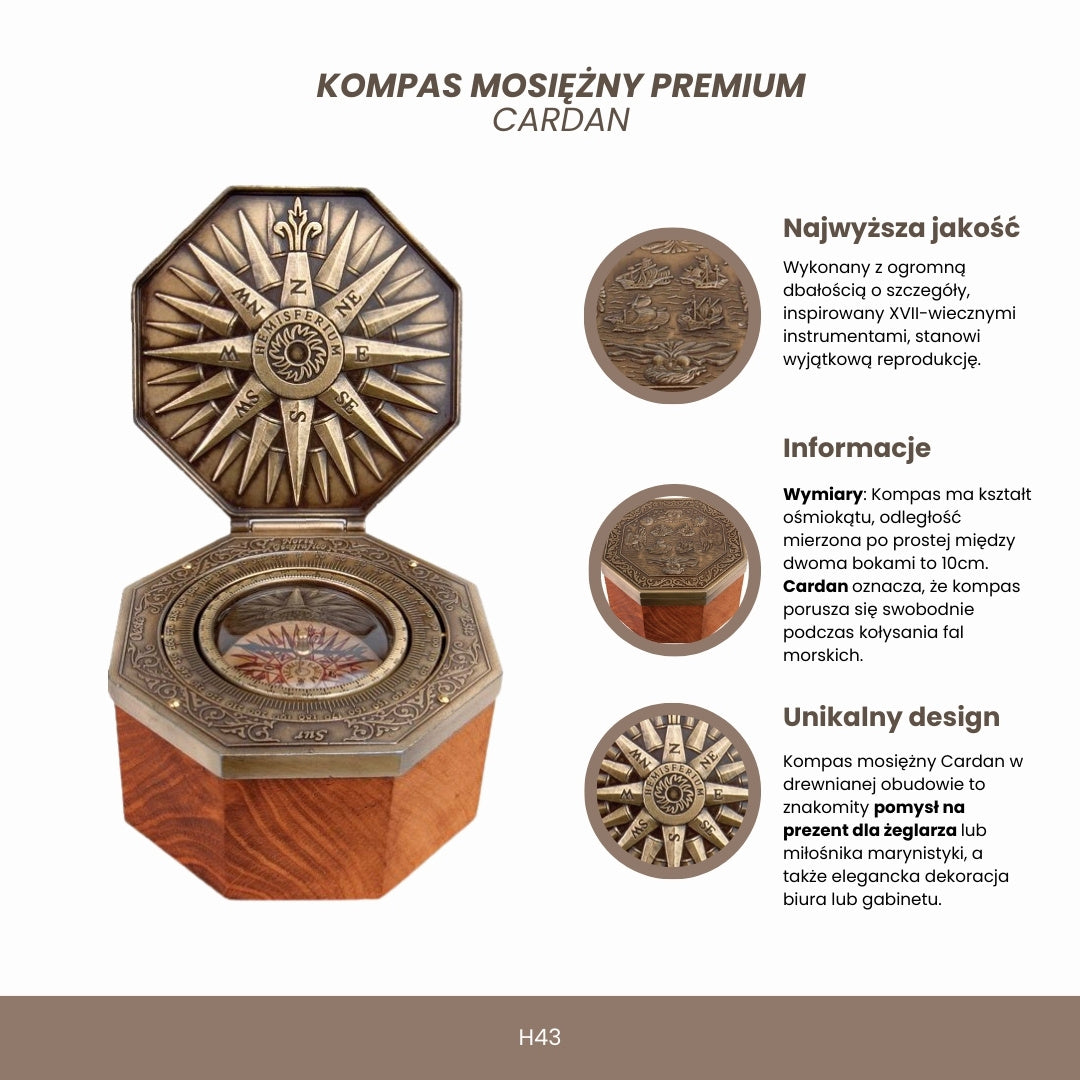 Ekskluzywny Kompas Magnetyczny Cardan H43 z Mosiądzu i Drewna z Personalizowanym Grawerem