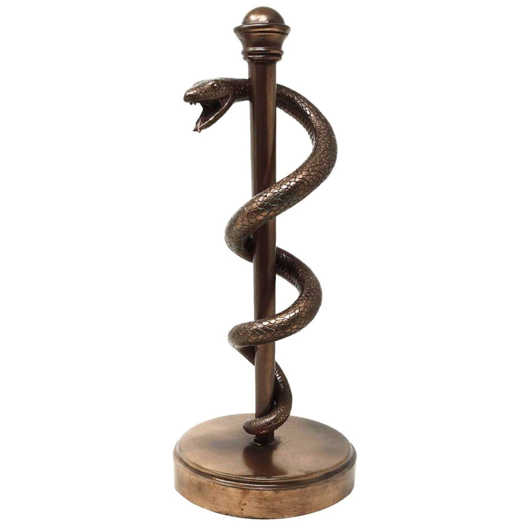 Statuetă cu Toiagul lui Esculap 30 cm din rășină - cadou personalizat pentru medic, asistent medical sau farmacist - decorațiune maro/alamă cu gravură