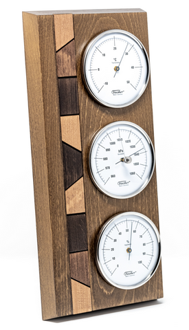 Stație meteo Fischer 9171-31 cu barometru, higrometru și termometru pe bază din lemn, cu opțiune de personalizare prin gravură