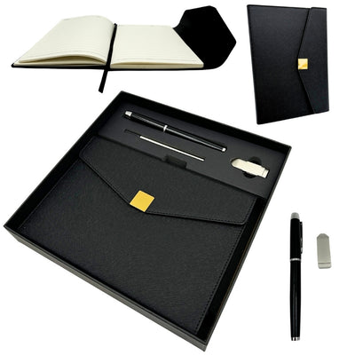 Set cadou elegant Premium – agendă A5 cu pix și pendrive 16GB în cutie – negru-auriu – EE9
