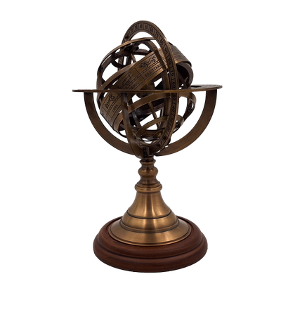 Astrolabium mosiężne 21 cm z drewnianą podstawą - Personalizowany prezent dla miłośników astronomii w kolorze złotym