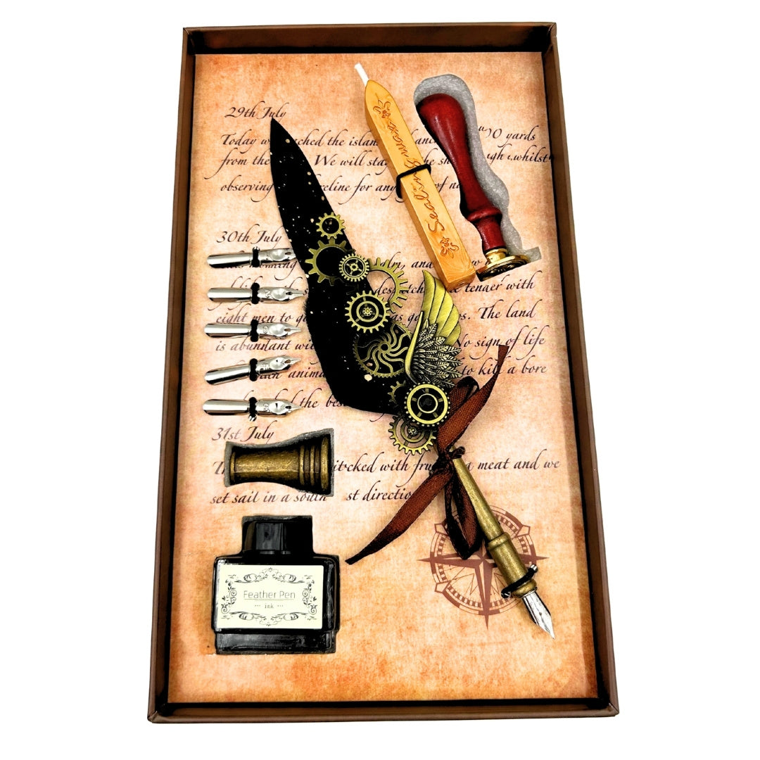Set de caligrafie premium pană de gâscă - 6 penițe sigiliu suport pentru pană - EE16