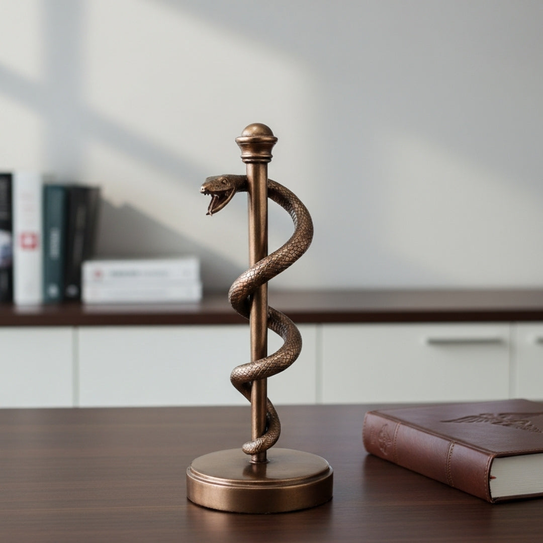 Statuetă cu Toiagul lui Esculap 30 cm din rășină - cadou personalizat pentru medic, asistent medical sau farmacist - decorațiune maro/alamă cu gravură