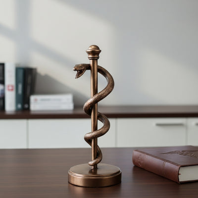 Statuetă cu Toiagul lui Esculap 30 cm din rășină - cadou personalizat pentru medic, asistent medical sau farmacist - decorațiune maro/alamă cu gravură