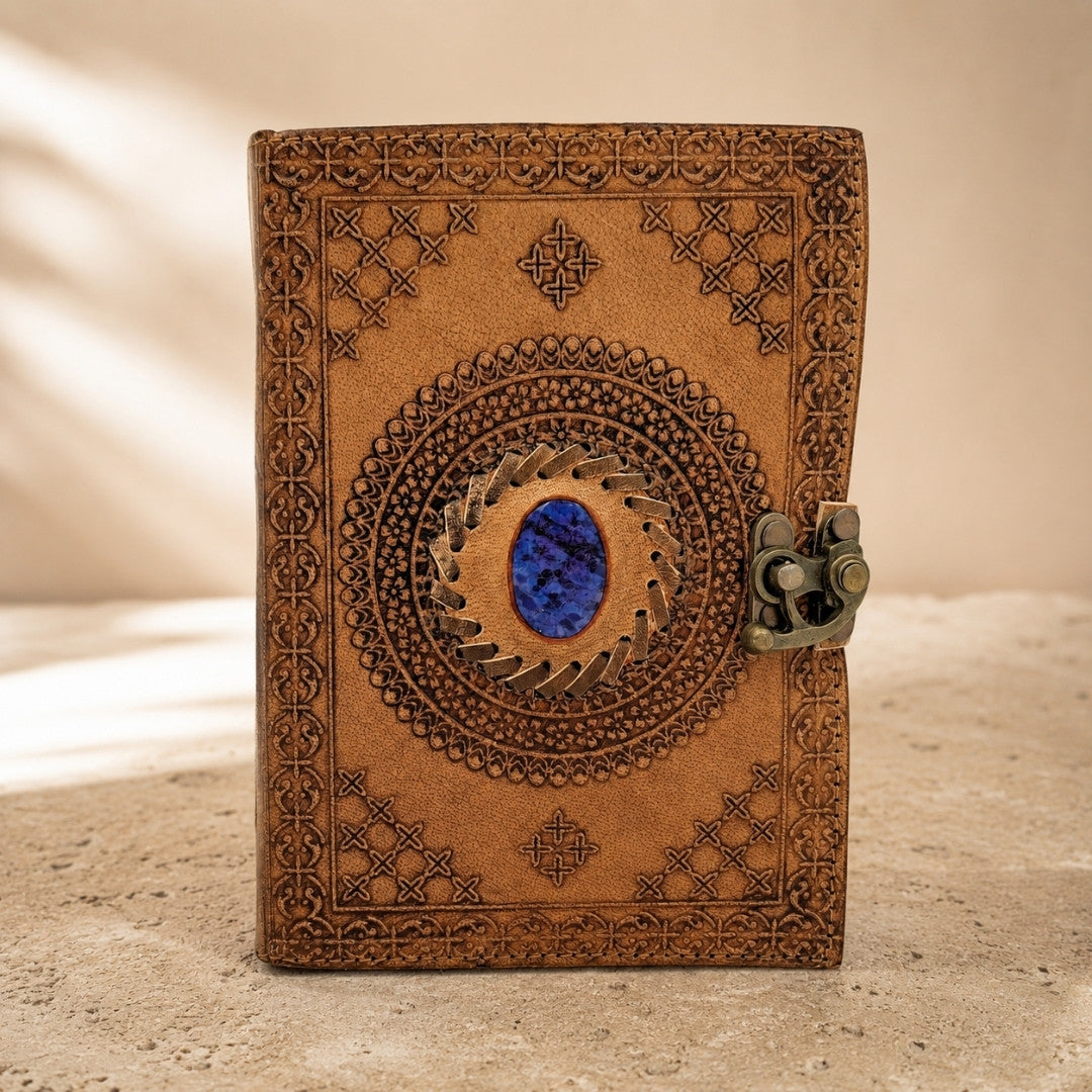 Jurnal din piele retro cu piatră - carnet personalizat cu gravură - piele de bivol, maro, 18x13 cm