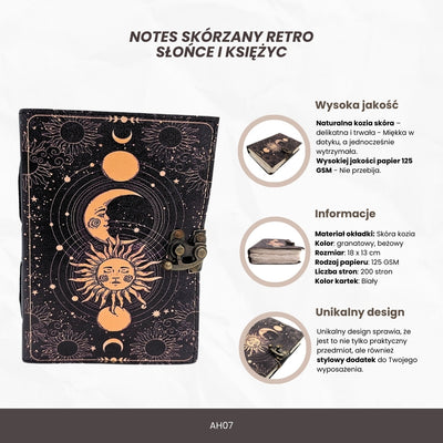 Notes Skórzany Słońce i Księżyc Ozdobny 200 stron z możliwością personalizacji grawerem, granatowy, wykonany z koziej skóry, idealny na prezent