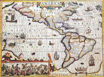 Harta Americii 1628r. - reprint J. Hondius cu posibilitate de personalizare prin gravură - cadou ideal pentru călători și pasionați de istorie - dimensiuni 37,5 x 50 cm
