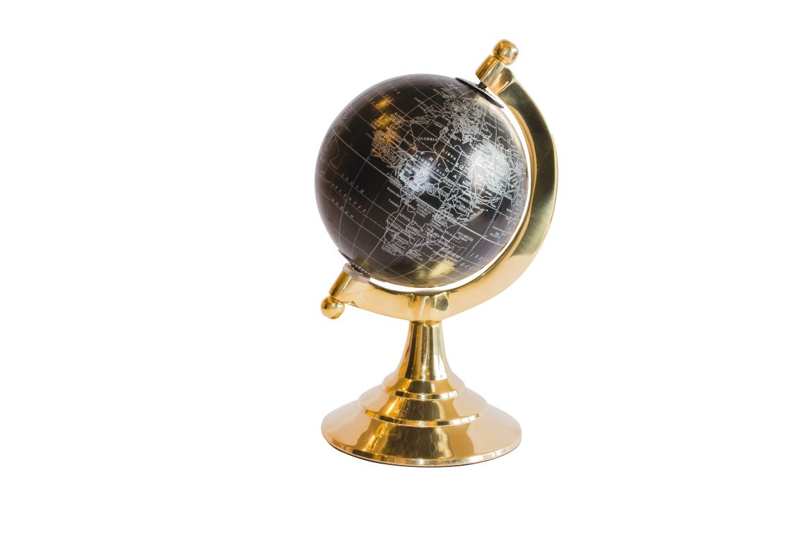 Globus Dekoracyjny Black & Gold z Możliwością Personalizacji Graweru – Elegancki Dodatek na Prezent, Wysokość 20 cm, Mosiężna Podstawa, Czarna Mapa z Srebrnymi Napisami