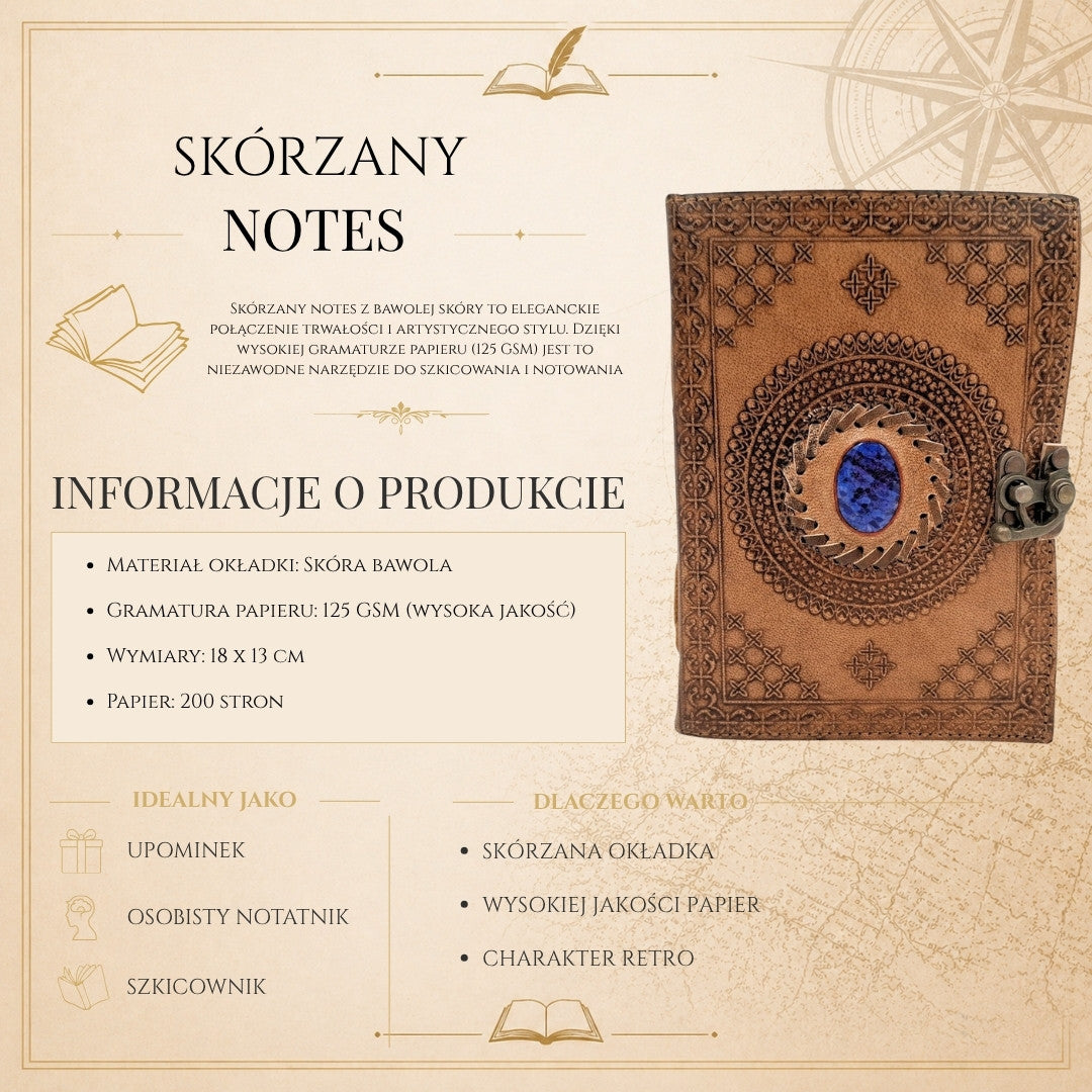 Jurnal din piele retro cu piatră - carnet personalizat cu gravură - piele de bivol, maro, 18x13 cm