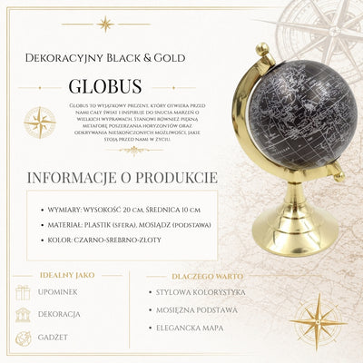 Globus Dekoracyjny Black & Gold z Możliwością Personalizacji Graweru – Elegancki Dodatek na Prezent, Wysokość 20 cm, Mosiężna Podstawa, Czarna Mapa z Srebrnymi Napisami