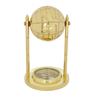 Glob decorativ din alamă cu busolă și posibilitate de personalizare prin gravură, auriu, înălțime 12,5 cm