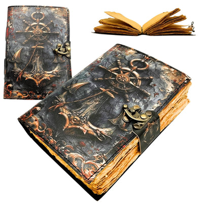 Jurnal din piele retro cu tematică marină, 200 de pagini, cu posibilitate de personalizare prin gravură, ideal ca dar pentru artiști și călători, realizat din piele naturală de capră, în culoare vintage, dimensiuni 18 x 13 cm