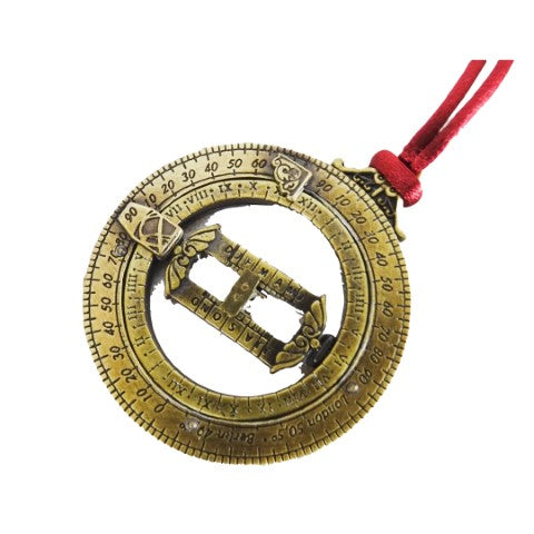 Ceas solar miniatural H90 cu inele astronomice, gravură personalizată, cadou ideal, șnur bordo, realizat din zamac și alamă, diametru 45mm