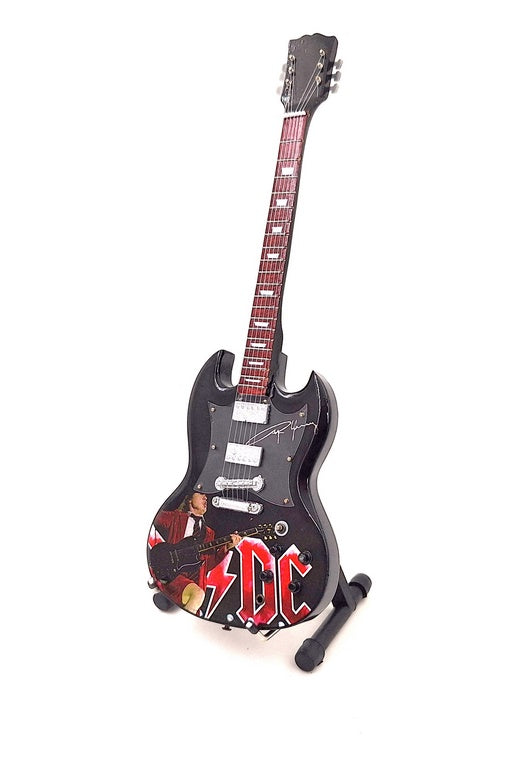 Mini-chitară Angus Young 24,5 cm din mahon, cu posibilitate de personalizare prin gravură