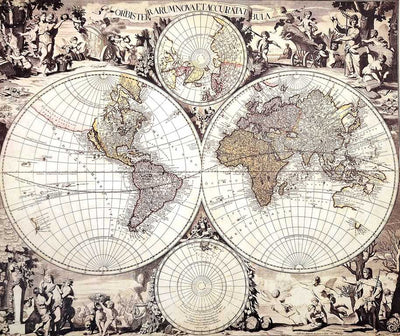 Harta lumii 1686r. - reprint G. Valck cu posibilitate de personalizare prin gravură - cadou ideal pentru istorici și călători - dimensiuni 56,5 x 47,5 cm
