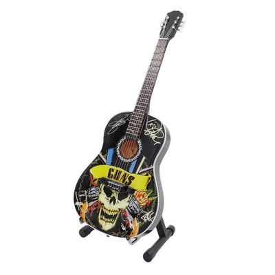 Mini chitară clasică Guns N' Roses Tribute MGT-3124, cu posibilitate de personalizare prin gravură, ideală ca dar pentru un chitarist, realizată din lemn de mahon, înălțime 25 cm