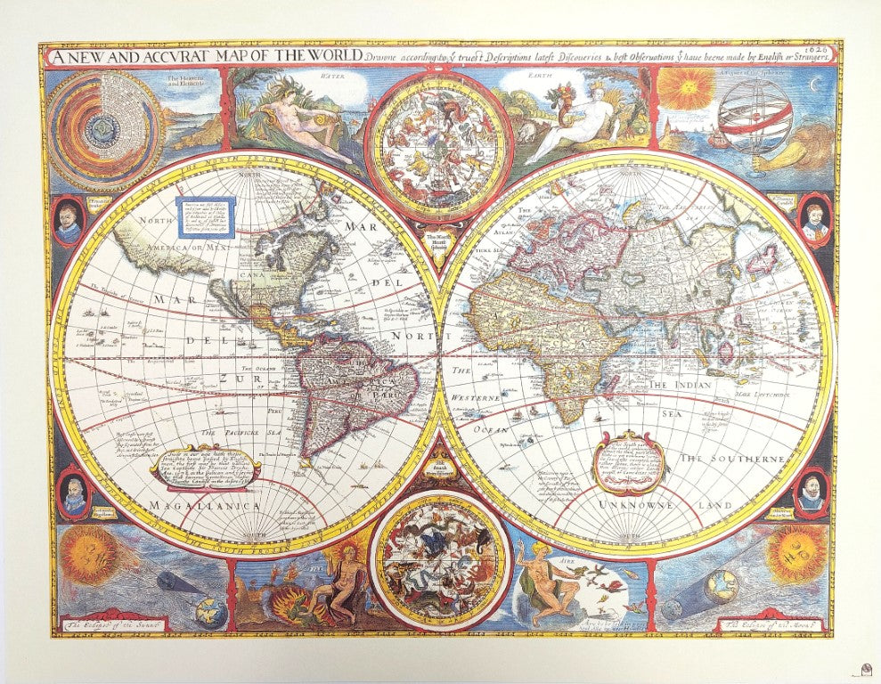 Hartă a lumii retro cu gravură - decorațiune personalizată pentru cadou - reprint după John Speed din anul 1651 - dimensiuni 52 x 39 cm - grafică colorată și detaliată