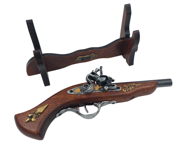 Replică de pistol italian din secolul al XVII-lea pe suport, cu posibilitate de personalizare prin gravură - Element decorativ elegant pentru cadou, realizat din lemn și metal lustruit, lungime 30 cm