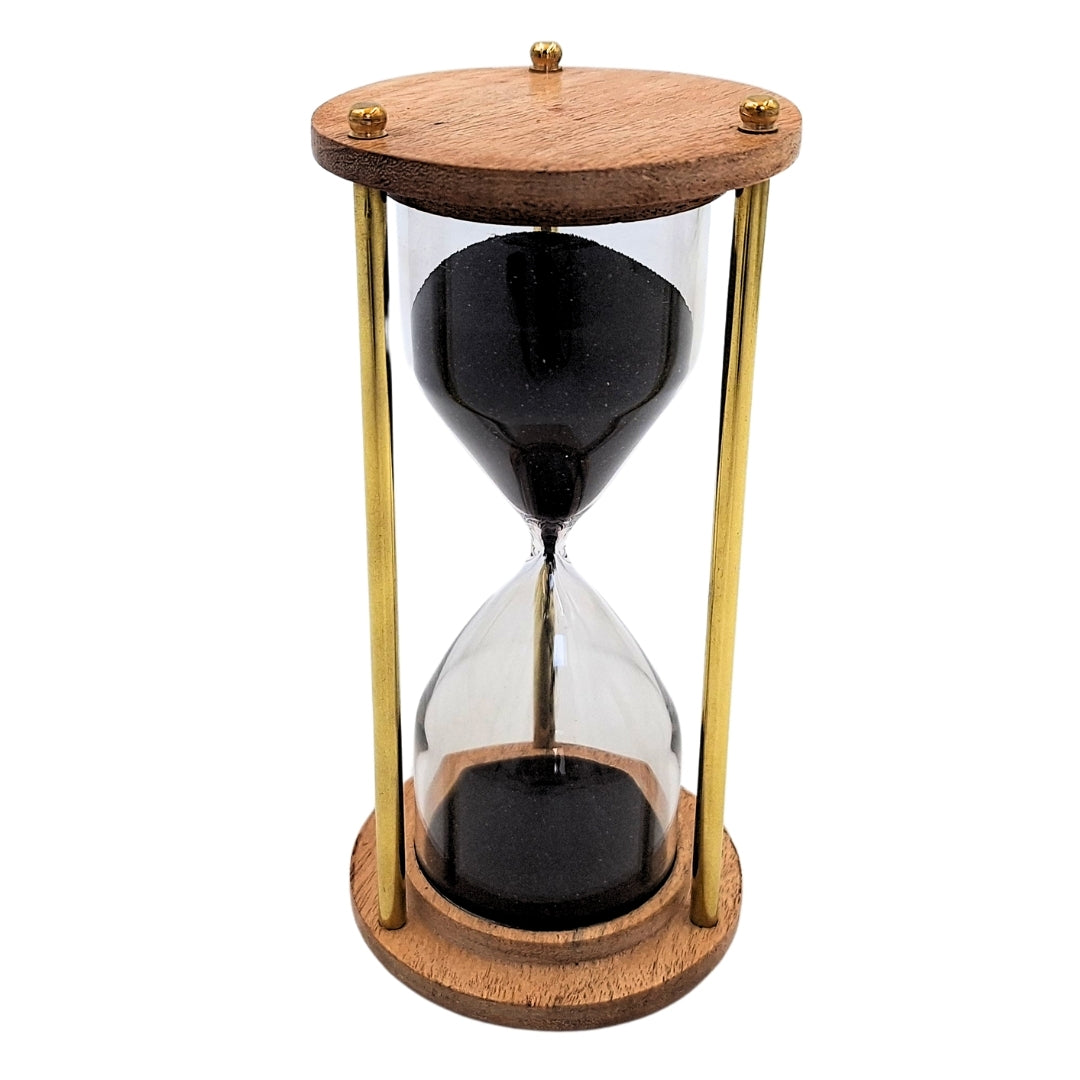 Clepsidră din alamă și lemn de 5 minute cu gravură personalizată – decorațiune retro elegantă pentru cadou – înălțime 15,5 cm, nisip negru, alamă și lemn
