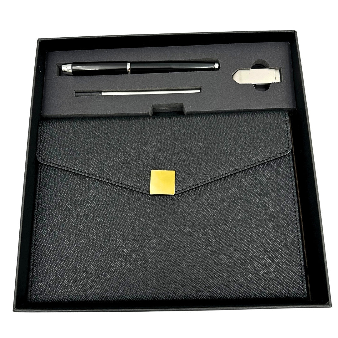 Set cadou elegant Premium – agendă A5 cu pix și pendrive 16GB în cutie – negru-auriu – EE9