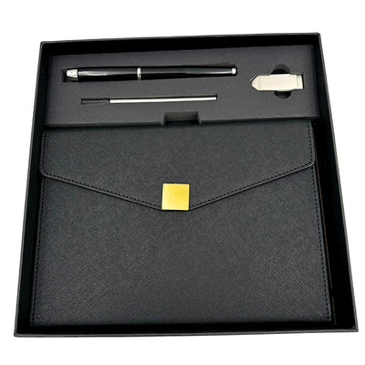 Set cadou elegant Premium – agendă A5 cu pix și pendrive 16GB în cutie – negru-auriu – EE9
