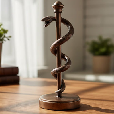 Statuetă cu Toiagul lui Esculap 30 cm din rășină - cadou personalizat pentru medic, asistent medical sau farmacist - decorațiune maro/alamă cu gravură