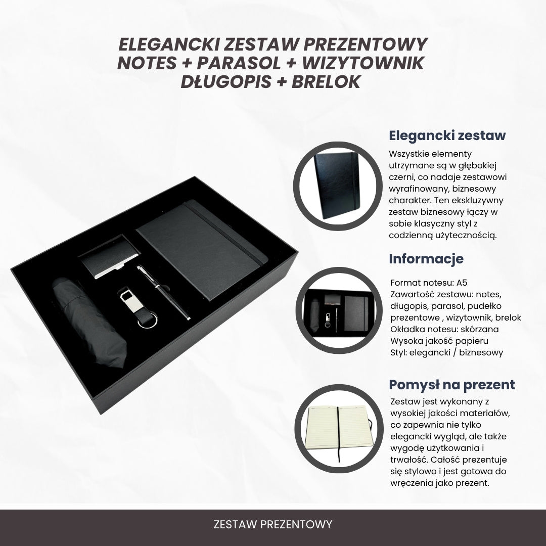 Set cadou elegant Classico cu personalizare - agendă A5 din piele, umbrelă, stilou, suport pentru cărți de vizită și breloc în cutie cadou estetică