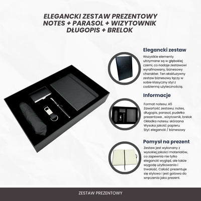 Set cadou elegant Classico cu personalizare - agendă A5 din piele, umbrelă, stilou, suport pentru cărți de vizită și breloc în cutie cadou estetică