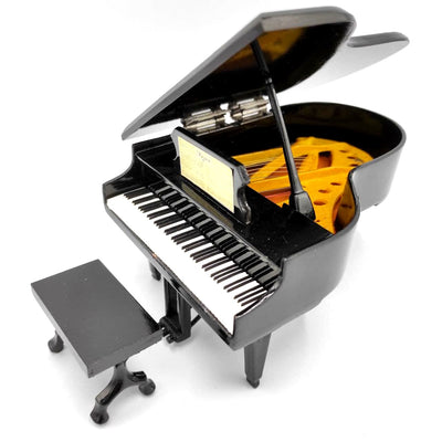 Mini pian cu posibilitate de personalizare prin gravură, negru, realizat manual din lemn de balsa, scara 1:10, ideal pentru cadou pentru pianiști și iubitori de muzică, înălțime 8 cm