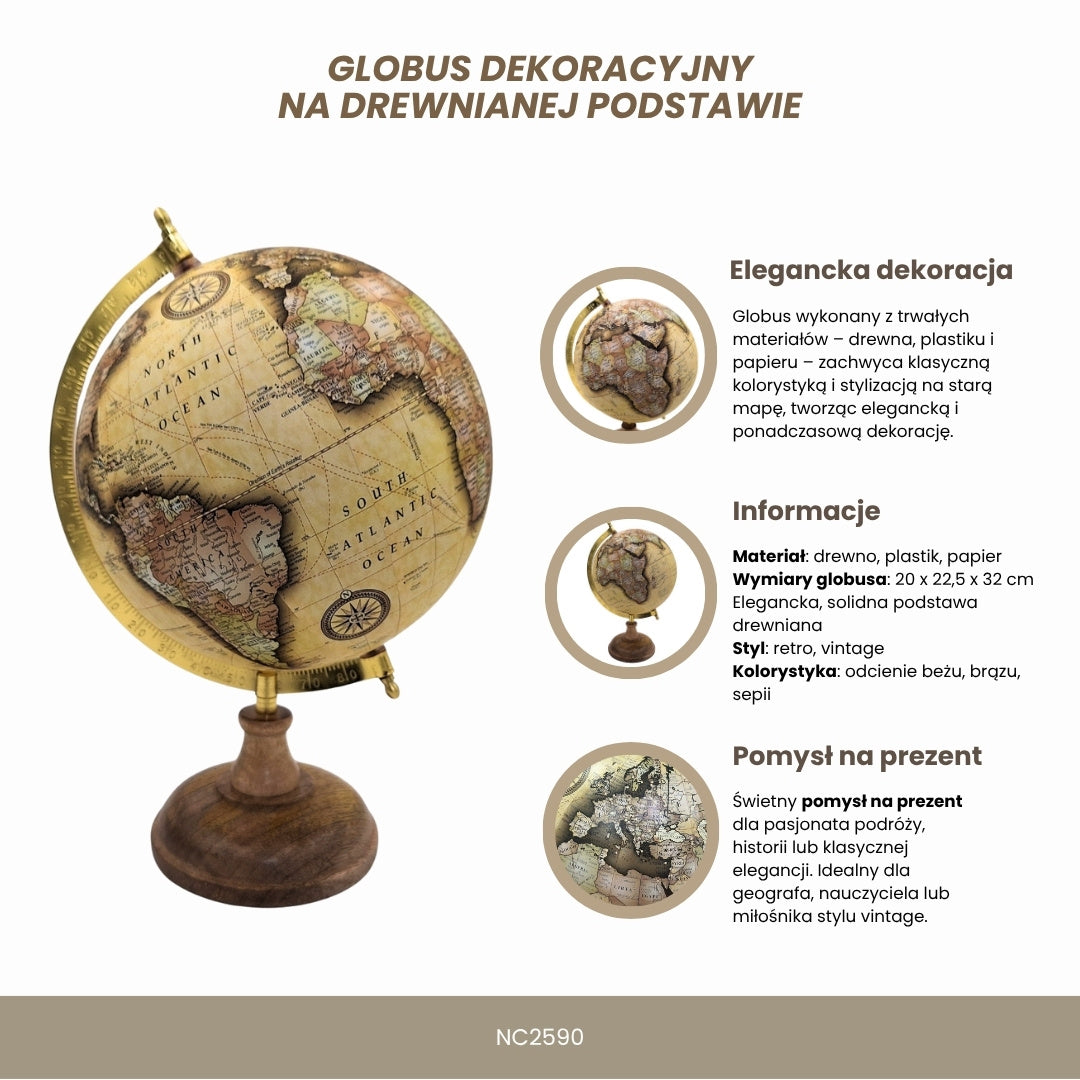 Glob decorativ retro elegant pe bază din lemn, 32 cm, cu posibilitate de personalizare prin gravură