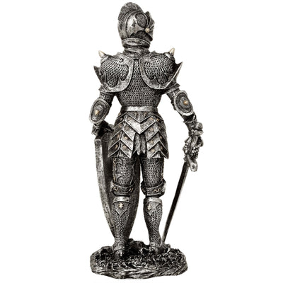 Figurină decorativă cavaler în armură argintie 30 cm, cu posibilitate de personalizare prin gravură - cadou elegant pentru iubitorii de istorie și fantasy, pictată manual, din polirășină