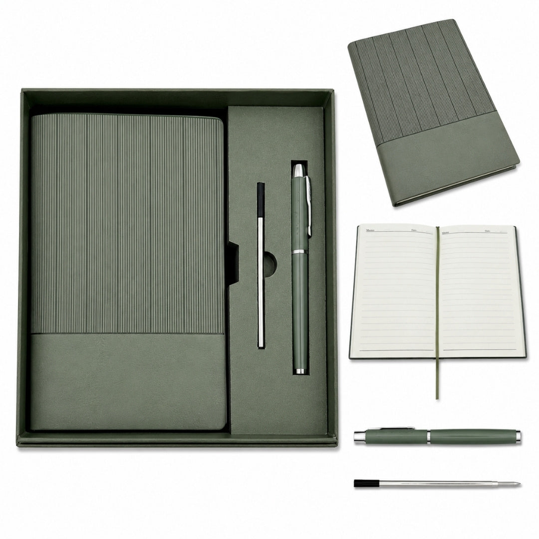 Set cadou elegant - carnet din piele A5 cu pix în cutie cadou - verde măsliniu - EE14