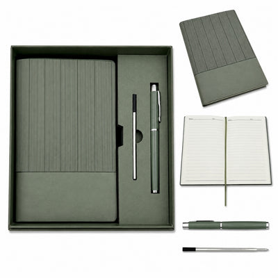Set cadou elegant cu gravură personalizată - agendă A5 din piele verde măsliniu, cu stilou și rezervă suplimentară, în cutie cadou estetică