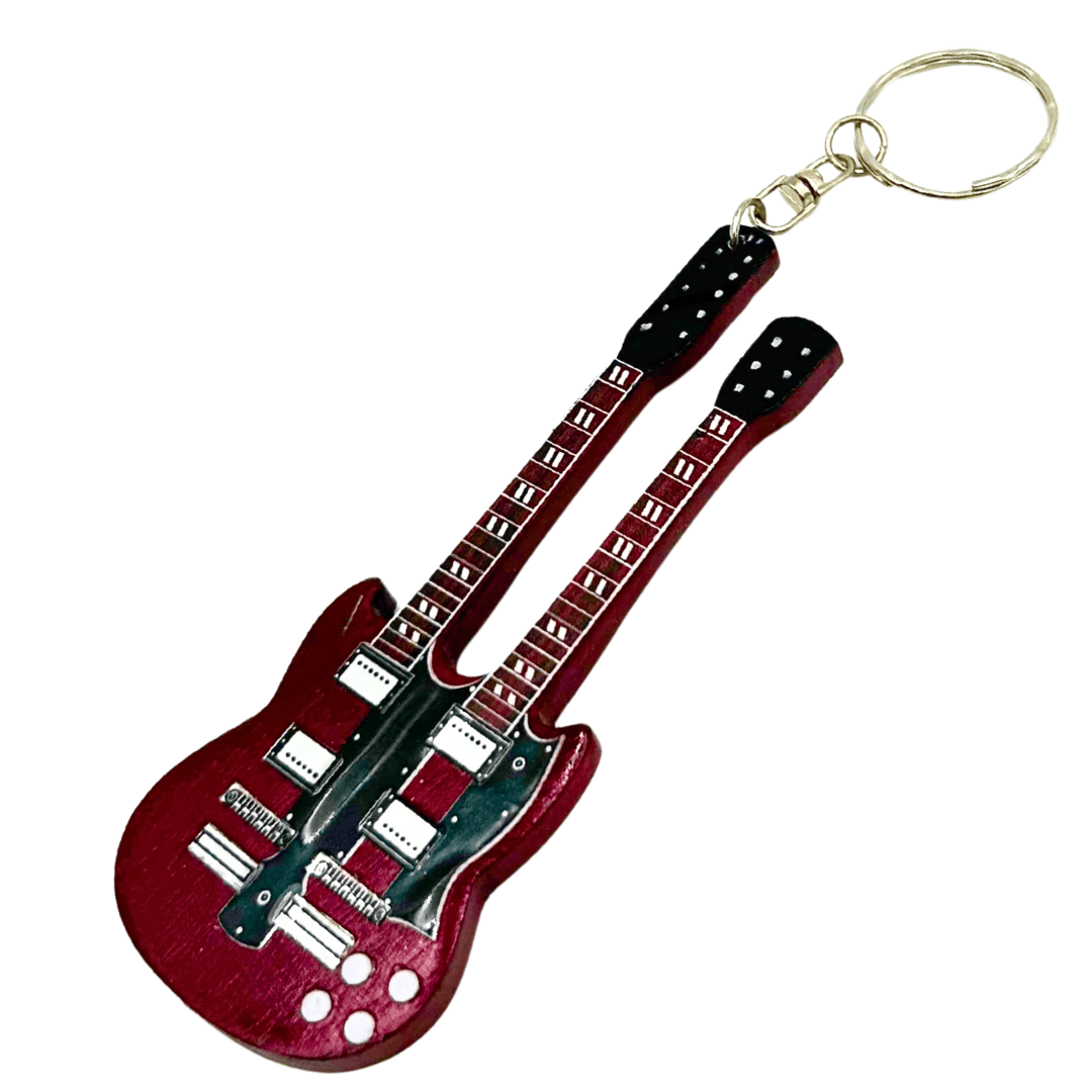Breloc chitară Led Zeppelin - Jimmy Page - Gravură personalizată - Mahon roșu - Cadou ideal pentru chitarist și fan rock - Dimensiuni 6 x 11 x 0,5 cm