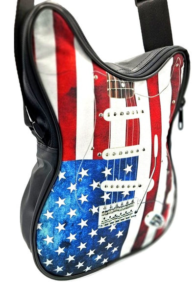 Geantă de umăr în formă de chitară cu steagul american – impermeabilă, cu curea reglabilă, posibilitate de personalizare prin gravură