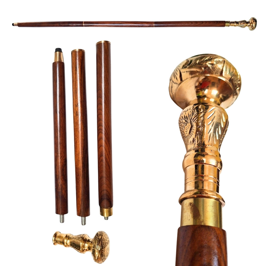 Baston elegant pliabil pentru mers, cu mâner din alamă - baston maro din lemn, cu posibilitate de gravare - cadou ideal pentru seniori, cu stilizare retro - lungime maximă 96 cm