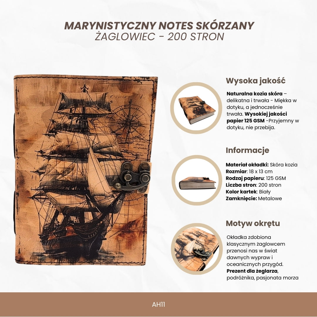 Notes Skórzany Marynistyczny Żaglowiec Retro z Grawerem