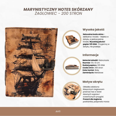Notes Skórzany Marynistyczny Żaglowiec Retro z Grawerem