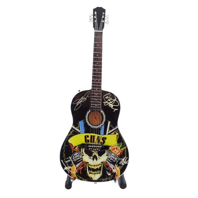 Mini chitară clasică Guns N' Roses Tribute MGT-3124, cu posibilitate de personalizare prin gravură, ideală ca dar pentru un chitarist, realizată din lemn de mahon, înălțime 25 cm