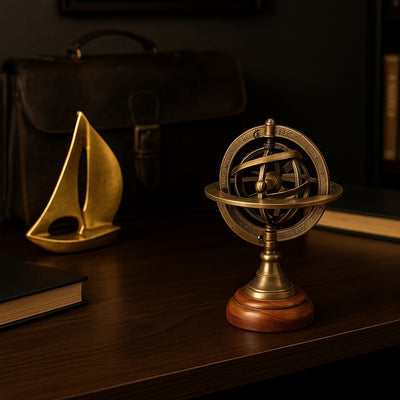 Astrolab din alamă de 14cm cu gravură - cadou unic pentru pasionații de astronomie, decorațiune elegantă din alamă și lemn în culoare aurie