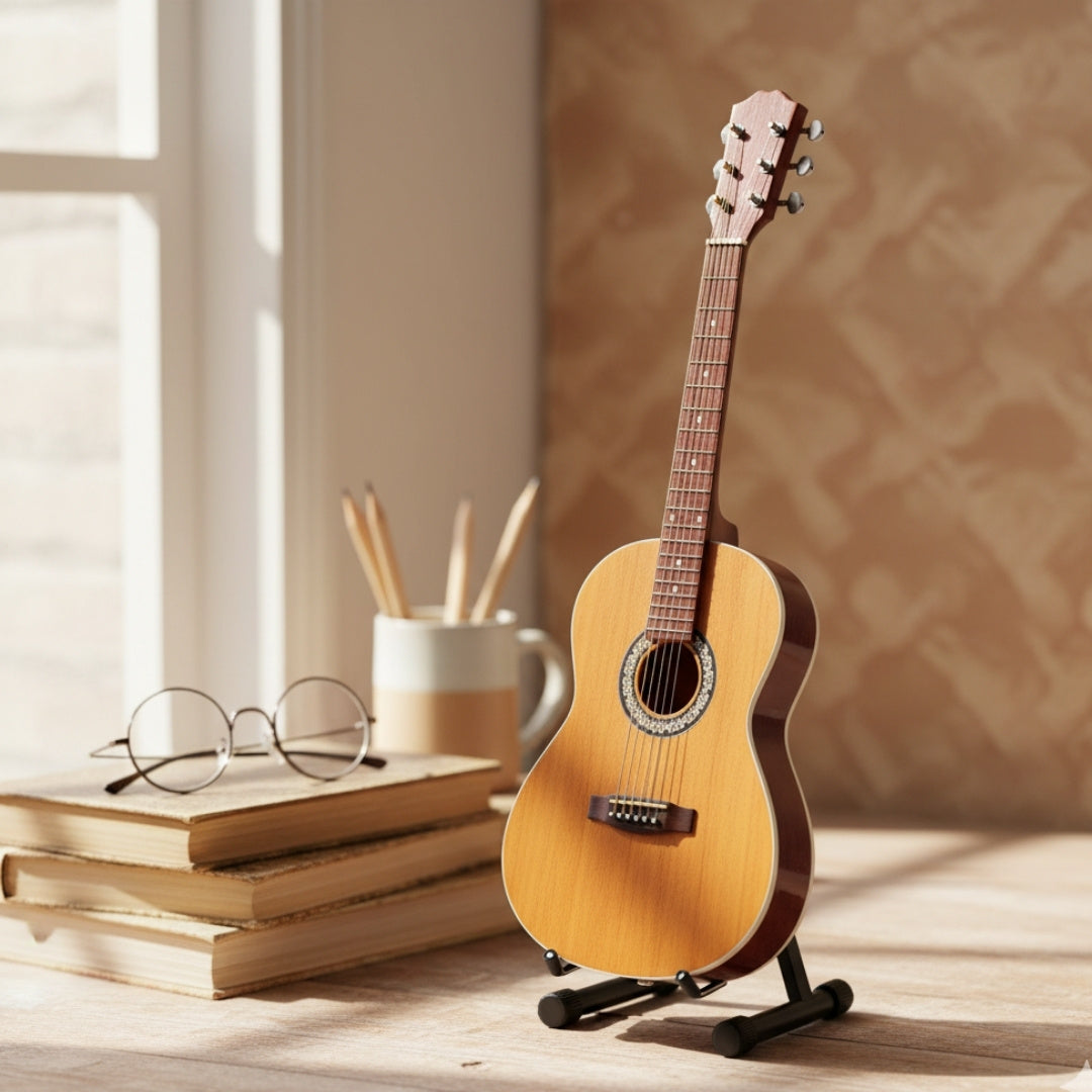 Mini chitară clasică cu gravură - decorațiune din lemn de mahon, 25 cm